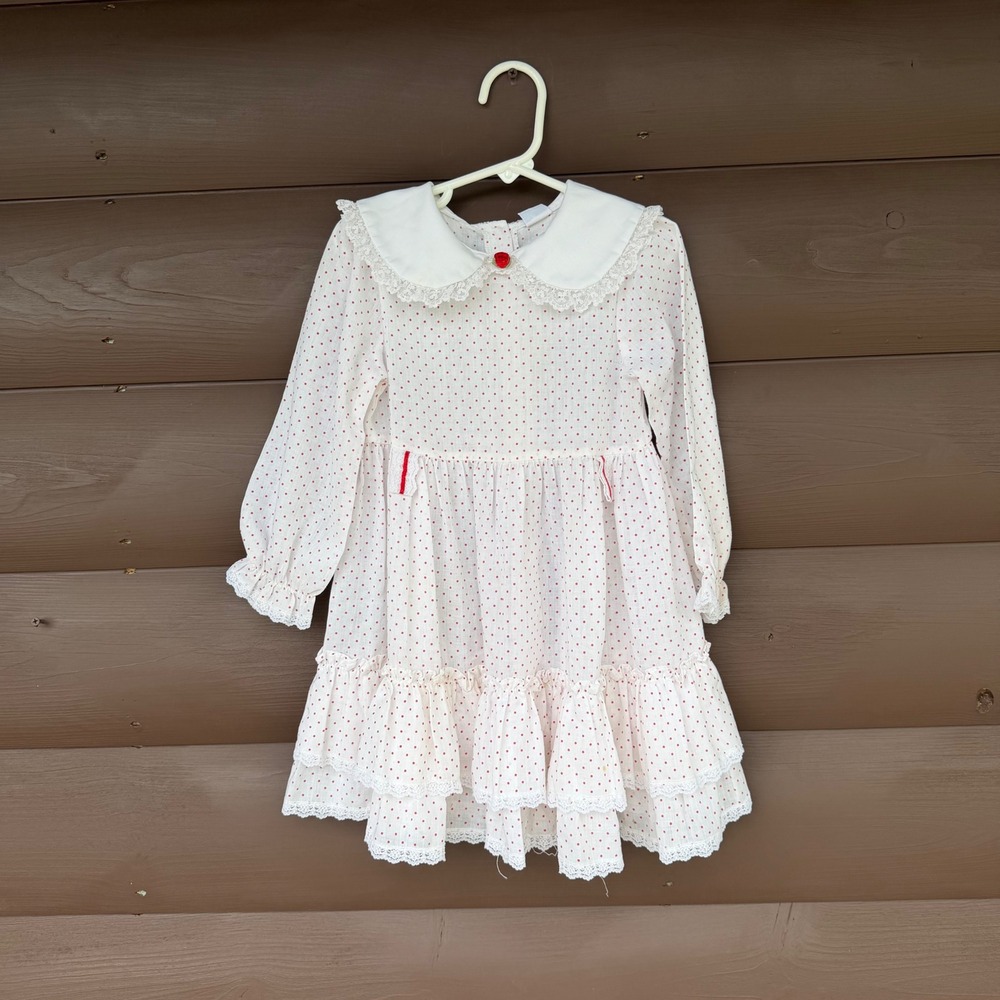 Vtg Bryan Polka Dot Dress Kids White Red Peter Pan Collar Lace Tiered‎ Ruffle